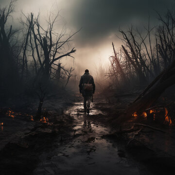 A Lonely Man Wearing Wasteland Clothes Walking Through A Dead Forest While Being Followed By Black Smoke