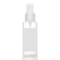 transparent spray bottle with white cap and blank white label isolated on a white background