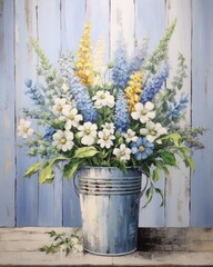 Fototapeta na wymiar A pretty illustration with a blue background and delicate flowers in a vase in a loose painterly style. Generative AI. 