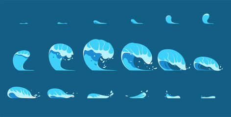 Water splash for animation and visual effects. Splashing blue water sequence frame, motion design elements. Sea or ocean wave with drops and splatters. Cartoon Vector Illustration