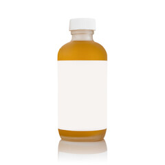 transparent bottle with white cap , filled with orange liquid, and blank white label isolated on a white background