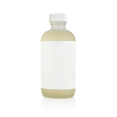 bottle with white cap, liquid filled, white blank label, isolated on white
