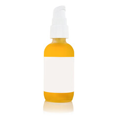 glass bottle with white pump, filled with yellow liquid and white blank label, perfect for mock ups, product photography