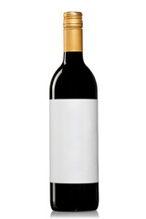 a red wine bottle with a blank white label and gold lid, perfect for mock up product photography and design work, isolated on white background