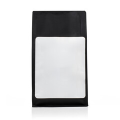 a black coffee bag with a blank white label, perfect for mock up photography and design work.