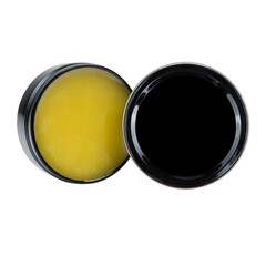 a blank black tin filled with yellow balm, can be used for mock up photos, cosmetics and design work