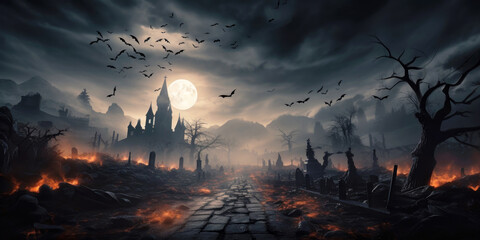 Creepy graveyard with old road, moon and bats on scary Halloween night - obrazy, fototapety, plakaty
