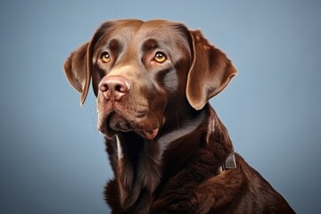 Labrador retriever dog in chosodate color posing in studio isolated on white Signifies animals pets veterinary care and companionship Space available for adver