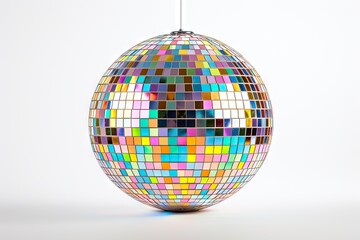 Large mirrored sphere with colorful reflections on white background