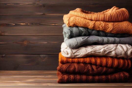Knitted winter clothes stacked on wooden background space for text