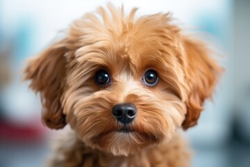 Maltipoo dog with kind eyes and brown fur posing over white background looking healthy and happy