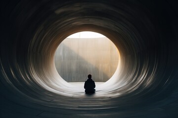 silhouette of a person in a tunnel, a solitary individual finds solace in quietly observing their surroundings, deep in contemplation, pondering the meaning of life - obrazy, fototapety, plakaty
