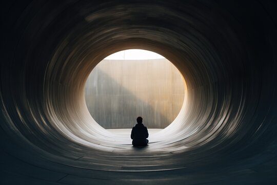 silhouette of a person in a tunnel, a solitary individual finds solace in quietly observing their surroundings, deep in contemplation, pondering the meaning of life