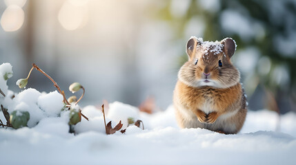 Hamster, fluffy and cute, in a snowy landscape. His small paws leave prints on the fresh snow, and his nose, moistened by drops of snow, gives this picture charm and tenderness.