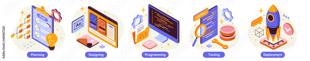 Poster programming company banner or web template design. computer software and programs planning, designin