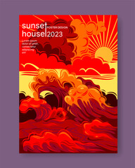 Storm, Sunset and ocean waves landscape. Flat design vector illustration. Backgrounds for poster, banner or flyer