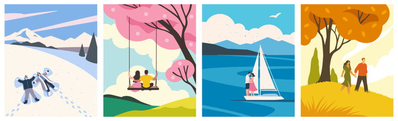 Naklejka premium Beautiful hand drawn wallpapers, cards or posters collection with landscapes in four seasons seasons. Loving couples and their romantic pastime outdoors. Set of flat vector illustrations
