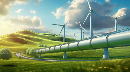 A hydrogen pipeline with wind turbines and in the background. Green hydrogen production concept. ai - obrazy, fototapety, plakaty