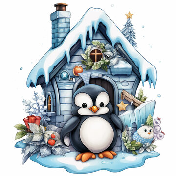 Cute penguin in the chimney of a house. Christmas illustration.
