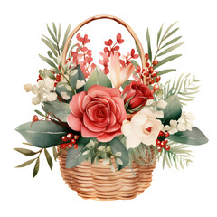 Obraz premium Cute watercolor Christmas flowers in basket, bouquet, roses, floral, on white background, clip art, pink, green, white, rose gold, greeting card, illustration