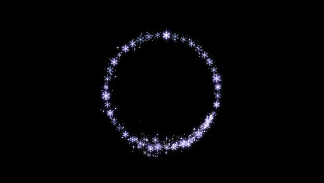 alpha channel sparkling snowflakes circle with shimmering particles ,Christmas and New Year element on transparent background, ring frame with magic glowing shimmer sparkle trail ,4k loop animation