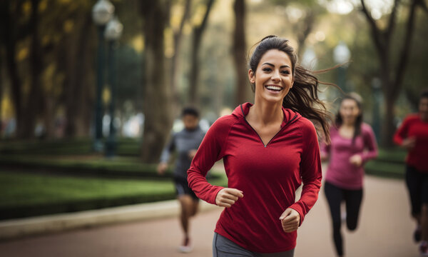 Hermosa mujer joven, latina, de cabello casta&ntilde;o, ejercit&aacute;ndose, corriendo en un parque de la Ciudad de M&eacute;xico