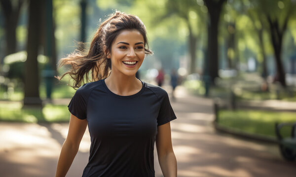 Hermosa mujer joven, latina, de cabello casta&ntilde;o, ejercit&aacute;ndose, corriendo en un parque de la Ciudad de M&eacute;xico