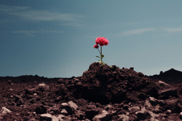 A red flower grows on the wasteland. Concept of nature, sustainability, planet earth.
