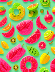 Vector seamless summer pattern with fruits. Seamless fresh fruit texture design. Hand drawn daisy pattern. Romantic butterfly texture design.
