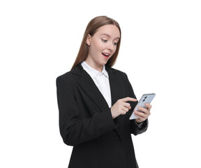 Fototapeta premium Woman sending message via smartphone isolated on white