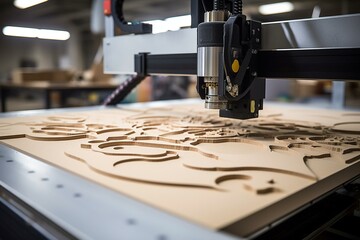 Two CNC machine cuts different-shaped blanks on a plywood sheet. Generative AI