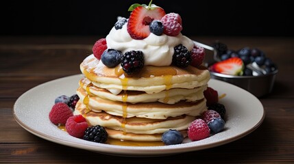 Delicious and tasty pancake with berries topping on the table AI Generative
