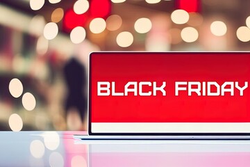 Black Friday text on a monitor with a bokeh background