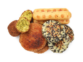 Many delicious vegan meat products isolated on white, top view