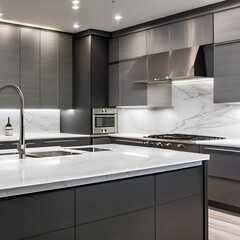 A contemporary, monochromatic kitchen with sleek stainless steel appliances and a marble waterfall island1, Generative AI