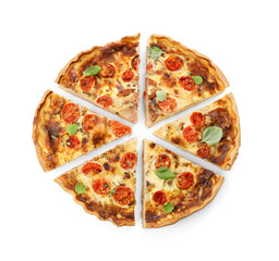 Cut delicious homemade quiche with prosciutto isolated on white, top view