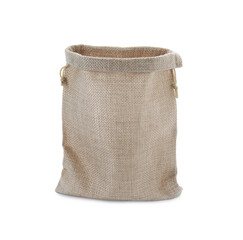 One open burlap bag isolated on white