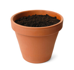 Clay flower pot with soil isolated on white