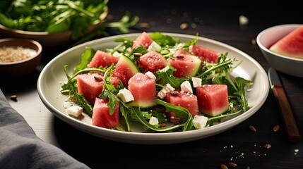 Delicious and tasty watermelon slice with vegetable on the table AI Generative