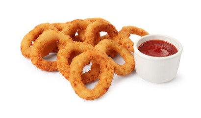 Tasty fried onion rings with ketchup on white background