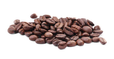 Pile of roasted coffee beans isolated on white