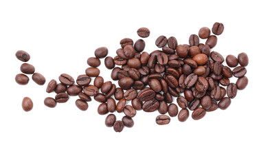 Pile of roasted coffee beans isolated on white, top view