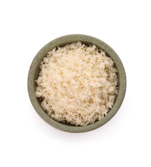 Delicious rice in bowl isolated on white, top view