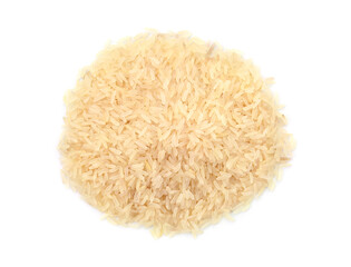 Pile of raw rice isolated on white, top view