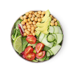Tasty salad with chickpeas and vegetables isolated on white, top view
