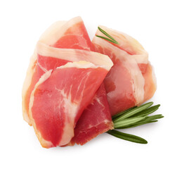 Slices of delicious jamon with rosemary on white background, top view