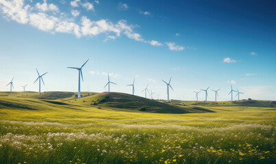 Wind Turbines In A Field With A Cloudy Blue Sky