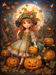 a little girl in a halloween costume holding a pumpkin