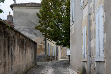 View on old streets and houses in Cognac white wine region, Charente, walking in town Cognac with strong spirits distillation industry, France