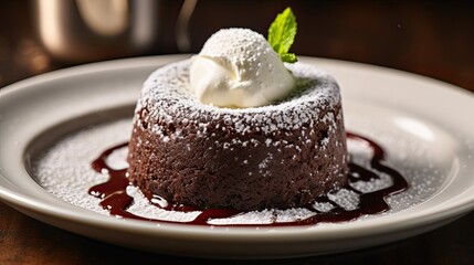 Delicious and tasty chocolate cake with ice cream topping on the table AI Generative